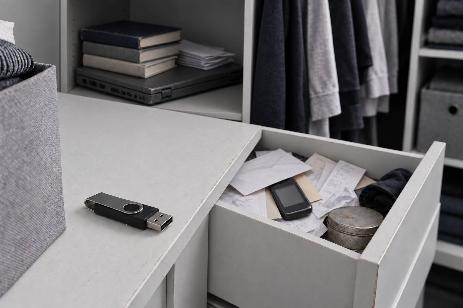 An old phone in a closet drawer, an old laptop on a closet shelf, and a USB drive in front