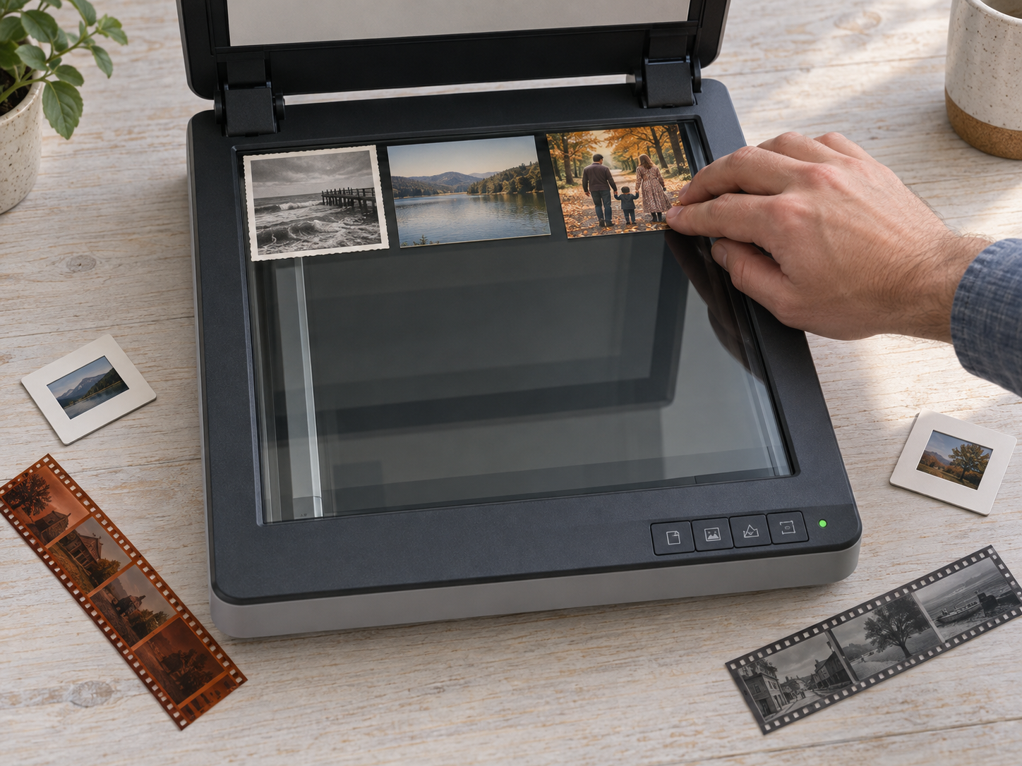 Flatbed scanner digitizing printed photos, film strips and slide mounts.